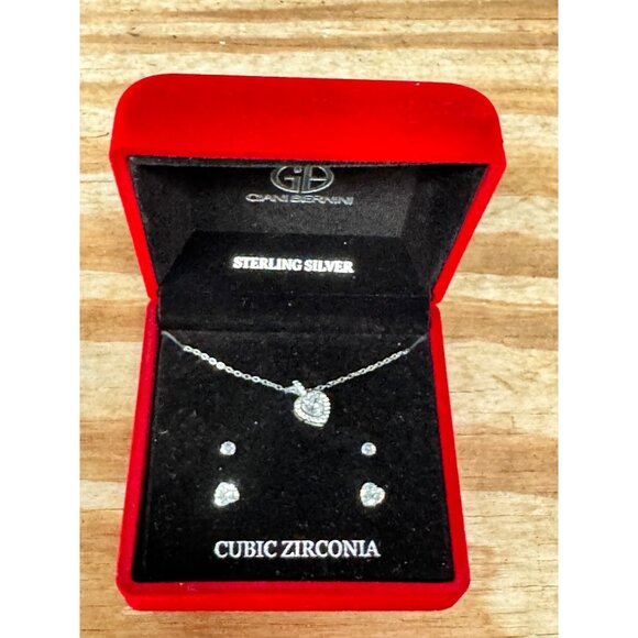 Sterling Silver Cubic Zirconia Heart Pendant Necklace & Earrings Set In Red Velv - Picture 1 of 6